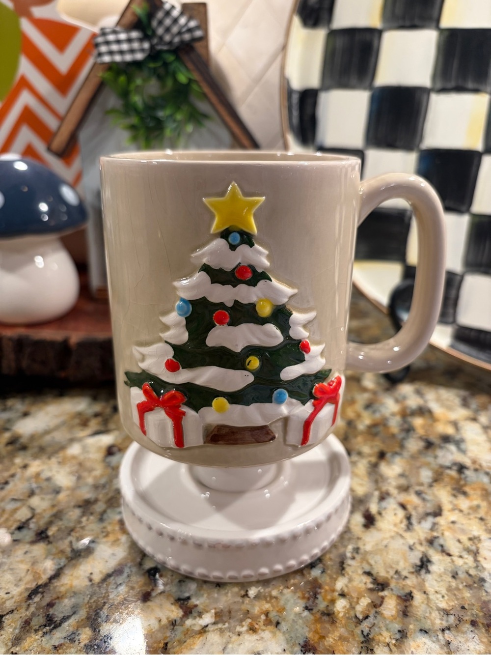 Vintage 1981 Otagiri Christmas Mug with 3-D Christmas Tree Design.